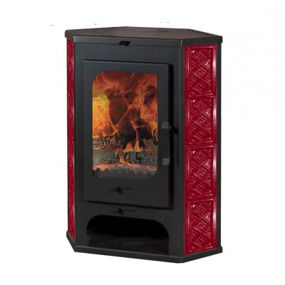 Печь - камин Бавария пристенно - угловая красная изразец с т/о Печь - камин Бавария пристенно - угловая красная изразец с т/о