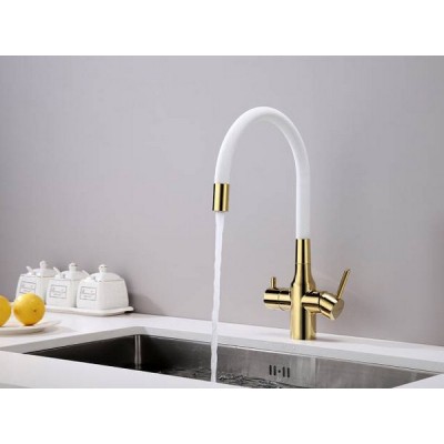 Смеситель Paulmark Salix Sa213419-GW, золото, белый шланг Смеситель Paulmark Salix Sa213419-GW, золото, белый шланг