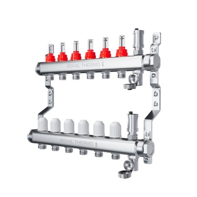 Коллектор Royal Thermo нерж. в сборе с расходомерами 1quot; ВР-3/4quot; НР с автомат. воздухоотвод-ми 6 вых. Коллектор Royal Thermo нерж. в сборе с расходомерами 1quot; ВР-3/4quot; НР с автомат. воздухоотвод-ми 6 вых.