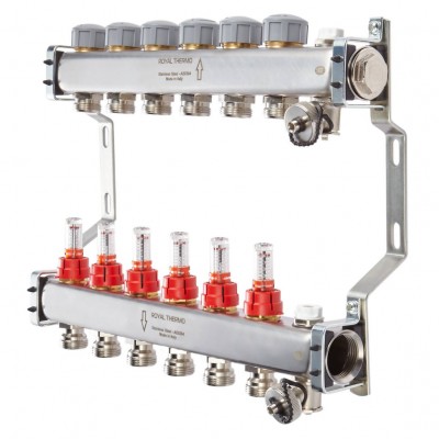 Коллектор нерж. в сборе с расходомерами 1" ВР-3/4" НР, 3 выхода Коллектор нерж. в сборе с расходомерами 1" ВР-3/4" НР, 3 выхода