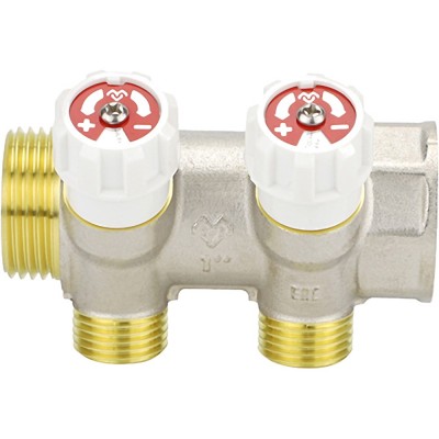 Коллектор распределительный VARMEGA с запорными клапанами 1х1/2, 2 выхода Коллектор распределительный VARMEGA с запорными клапанами 1х1/2, 2 выхода