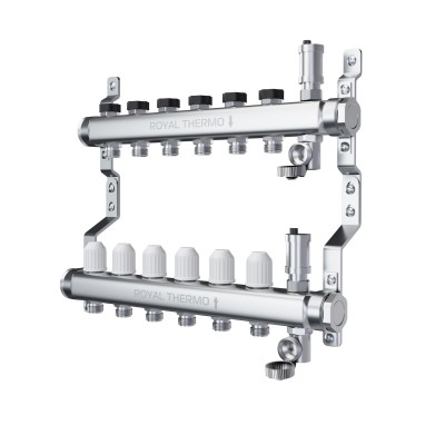 Коллектор Royal Thermo нерж. в сборе универсальный 1quot; ВР-3/4quot; НР с автомат. воздухоотвод-ми 12 вых. Коллектор Royal Thermo нерж. в сборе универсальный 1quot; ВР-3/4quot; НР с автомат. воздухоотвод-ми 12 вых.