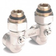 Пара шаровых кранов с соед. нип. G 1/2xG 3/4, угловой (никелирован.)