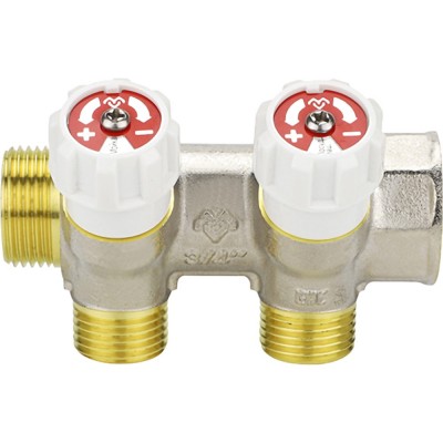 Коллектор распределительный VARMEGA с запорными клапанами 3/4 х3/4, 2 выхода, евро конус Коллектор распределительный VARMEGA с запорными клапанами 3/4 х3/4, 2 выхода, евро конус