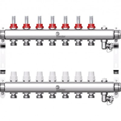 Коллектор Wester нерж. 1quot;-3/4 в сборе на 7 выходов, с расходомерами Коллектор Wester нерж. 1quot;-3/4 в сборе на 7 выходов, с расходомерами