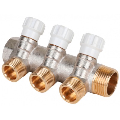 Коллектор латунный MVI 1quot;x3/4quot;x3 выхода, с регулирующими вентилями Коллектор латунный MVI 1quot;x3/4quot;x3 выхода, с регулирующими вентилями