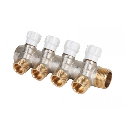 Коллектор латунный MVI 1quot;x3/4quot;x4 выхода, с регулирующими вентилями Коллектор латунный MVI 1quot;x3/4quot;x4 выхода, с регулирующими вентилями