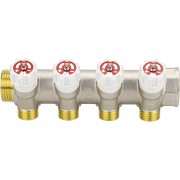 Коллектор распределительный VARMEGA с запорными клапанами1х3/4, 4 выхода евро конус