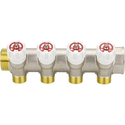 Коллектор распределительный VARMEGA с запорными клапанами1х3/4, 4 выхода евро конус Коллектор распределительный VARMEGA с запорными клапанами1х3/4, 4 выхода евро конус