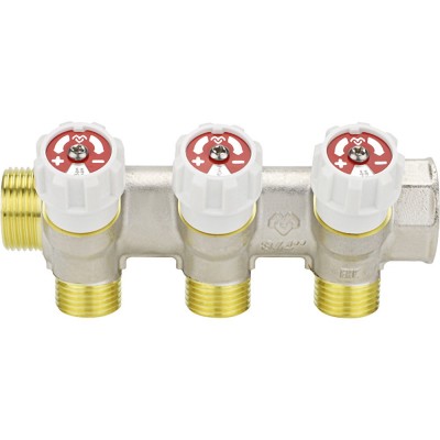 Коллектор распределительный VARMEGA с запорными клапанами 3/4 х3/4, 3 выхода, евро конус Коллектор распределительный VARMEGA с запорными клапанами 3/4 х3/4, 3 выхода, евро конус