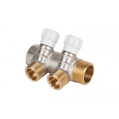 Коллектор латунный MVI 1quot;x3/4quot;x2 выхода, с регулирующими вентилями Коллектор латунный MVI 1quot;x3/4quot;x2 выхода, с регулирующими вентилями