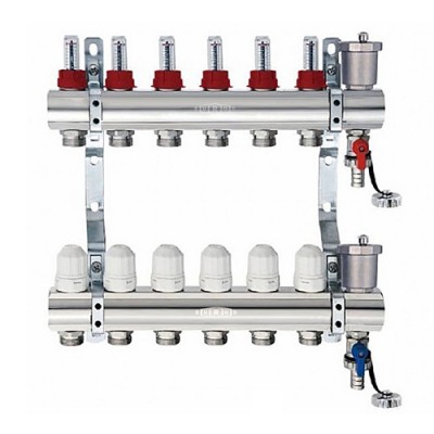 Блок коллекторный с термостатическими клапанами и расходомерами 1", 6 выходов 3/4" "евроконус" Блок коллекторный с термостатическими клапанами и расходомерами 1", 6 выходов 3/4" "евроконус"