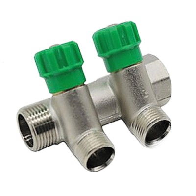 Коллектор с регулируемыми вентилями и переходами на наружную резьбу 2 выхода 3/4" x 1/2" Коллектор с регулируемыми вентилями и переходами на наружную резьбу 2 выхода 3/4" x 1/2"