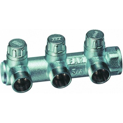 Запорный коллектор 3/4" с 3 отв. 1/2"НР (межосев. 45 мм) ,концевой Запорный коллектор 3/4" с 3 отв. 1/2"НР (межосев. 45 мм) ,концевой