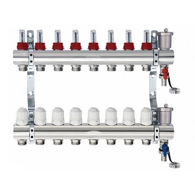 Блок коллекторный с термостатическими клапанами и расходомерами 1", 8 выходов 3/4" "евроконус" Блок коллекторный с термостатическими клапанами и расходомерами 1", 8 выходов 3/4" "евроконус"