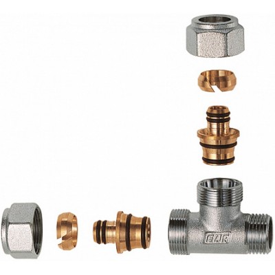 Тройник 1/2"(НР) с 2 концовками для м/п труб 20х2 Тройник 1/2"(НР) с 2 концовками для м/п труб 20х2