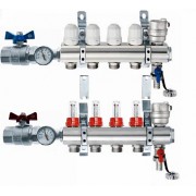 Блок коллекторный 1" на 5 отв. 3/4" с термостат. вст., расходомерами, кранами c термометрами Euros