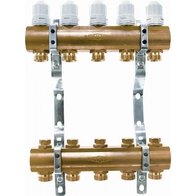 Блок коллекторный 1 1/4" на 6 отв. 3/4" с термостатическими вставками и запорными клапанами Euros Блок коллекторный 1 1/4" на 6 отв. 3/4" с термостатическими вставками и запорными клапанами Euros