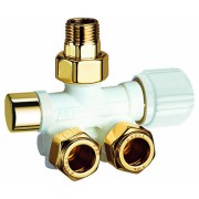 Узел нижн. подкл. левост. универс. с терм. и зап. вент  1/2" гайка М24х19 (бел/золот.)/Снят с произ-ва/