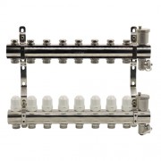 Блок коллекторный с термостатическими вставками, запорными клапанами, воздухоотводчиками и дренажем EUROS 1"x3/4"x8