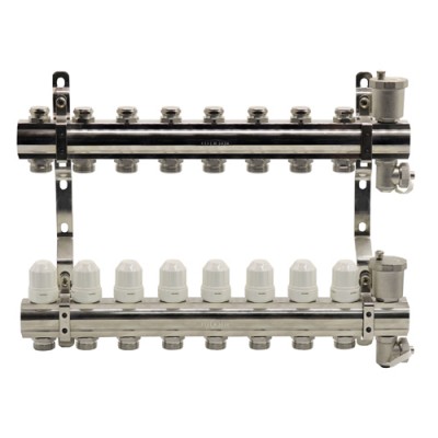 Блок коллекторный с термостатическими вставками, запорными клапанами, воздухоотводчиками и дренажем EUROS 1"x3/4"x8 Блок коллекторный с термостатическими вставками, запорными клапанами, воздухоотводчиками и дренажем EUROS 1"x3/4"x8