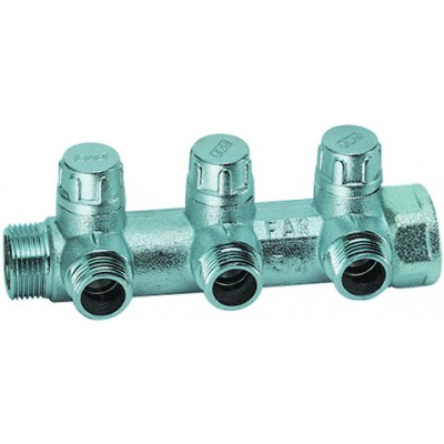 Запорн.коллект. 1" (ВР-НР) с 3 отв. 3/4" НР (межосев. 45 мм), плоск.присоед. Запорн.коллект. 1" (ВР-НР) с 3 отв. 3/4" НР (межосев. 45 мм), плоск.присоед.