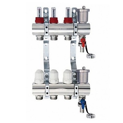 Блок коллекторный с термостатическими клапанами и расходомерами 1", 3 выхода 3/4" "евроконус" Блок коллекторный с термостатическими клапанами и расходомерами 1", 3 выхода 3/4" "евроконус"