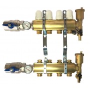 Блок коллекторный 1 1/4" на 7 отв. 3/4" с термостат. вст., запорными клап., кранами с термостат., воздухоотвод., деранажем Euros