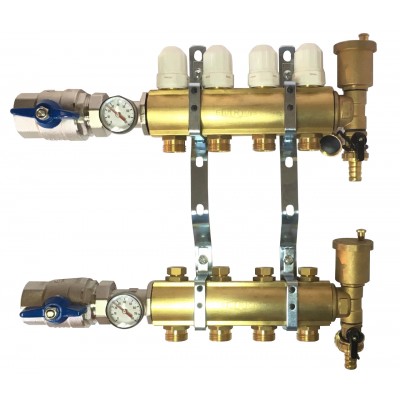 Блок коллекторный 1 1/4" на 7 отв. 3/4" с термостат. вст., запорными клап., кранами с термостат., воздухоотвод., деранажем Euros Блок коллекторный 1 1/4" на 7 отв. 3/4" с термостат. вст., запорными клап., кранами с термостат., воздухоотвод., деранажем Euros