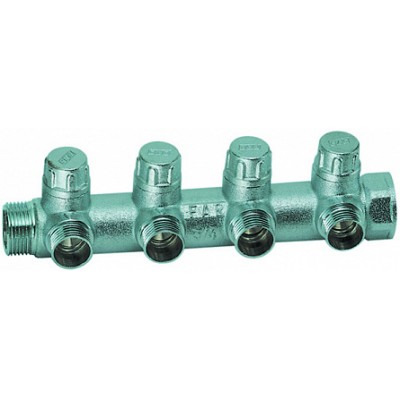 Запорн. коллект. 3/4" (ВР-НР) с 4 отв. 1/2" НР (межосев. 45 мм), плоск.присоед. Запорн. коллект. 3/4" (ВР-НР) с 4 отв. 1/2" НР (межосев. 45 мм), плоск.присоед.