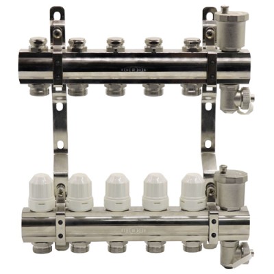 Блок коллекторный с термостатическими вставками, запорными клапанами, воздухоотводчиками и дренажем 1"x3/4"x5 Блок коллекторный с термостатическими вставками, запорными клапанами, воздухоотводчиками и дренажем 1"x3/4"x5