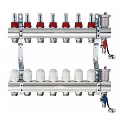 Блок коллекторный с термостатическими клапанами и расходомерами 1", 7 выходов 3/4" "евроконус" Блок коллекторный с термостатическими клапанами и расходомерами 1", 7 выходов 3/4" "евроконус"