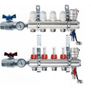 Блок коллекторный 1" на 6 отв. 3/4" с термостат. вст., расходомерами, кранами c термометрами Euros