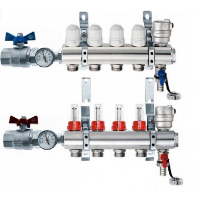 Блок коллекторный 1" на 6 отв. 3/4" с термостат. вст., расходомерами, кранами c термометрами Euros Блок коллекторный 1" на 6 отв. 3/4" с термостат. вст., расходомерами, кранами c термометрами Euros