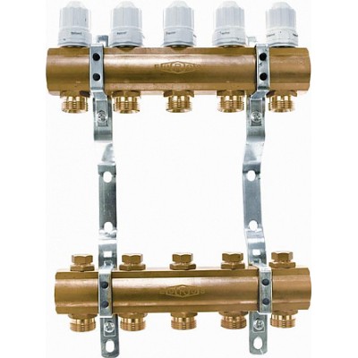 Блок коллекторный 1 1/4" на 5 отв. 3/4" с термостатическими вставками и запорными клапанами Euros Блок коллекторный 1 1/4" на 5 отв. 3/4" с термостатическими вставками и запорными клапанами Euros