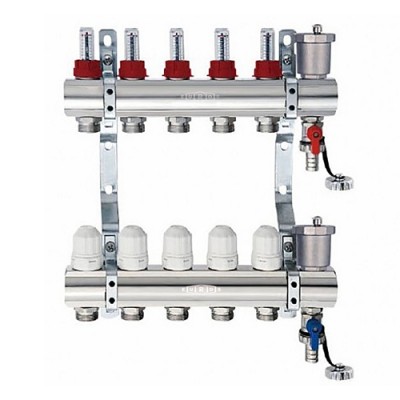 Блок коллекторный с термостатическими клапанами и расходомерами 1", 5 выходов 3/4" "евроконус" Блок коллекторный с термостатическими клапанами и расходомерами 1", 5 выходов 3/4" "евроконус"