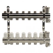 Блок коллекторный с термостатическими вставками, запорными клапанами, воздухоотводчиками и дренажем EUROS 1"x3/4"x7