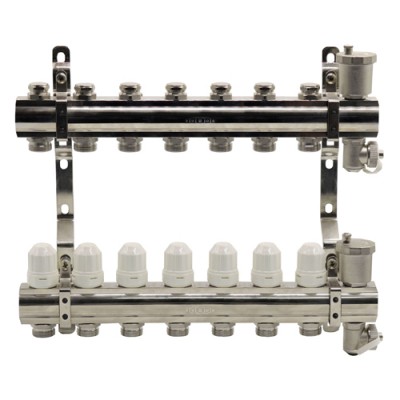 Блок коллекторный с термостатическими вставками, запорными клапанами, воздухоотводчиками и дренажем EUROS 1"x3/4"x7 Блок коллекторный с термостатическими вставками, запорными клапанами, воздухоотводчиками и дренажем EUROS 1"x3/4"x7