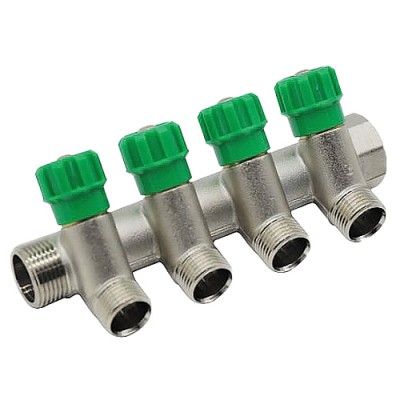 Коллектор с регулируемыми вентилями и переходами на наружную резьбу 4 выхода 1" x 1/2" Коллектор с регулируемыми вентилями и переходами на наружную резьбу 4 выхода 1" x 1/2"