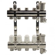 Блок коллекторный с термостатическими вставками, запорными клапанами, воздухоотводчиками и дренажем EUROS 1"x3/4"x4