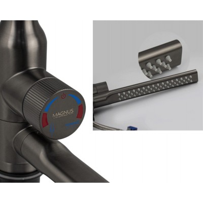 Смеситель кухонный MAGNUS 9136 Г-образный выдвижной с каскадной лейкой, Графит Смеситель кухонный MAGNUS 9136 Г-образный выдвижной с каскадной лейкой, Графит