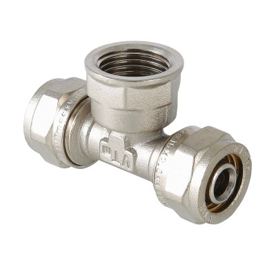 Фитинг обжимной – тройник с переходом на внутреннюю резьбу 16 мм х 1/2" Фитинг обжимной – тройник с переходом на внутреннюю резьбу 16 мм х 1/2"