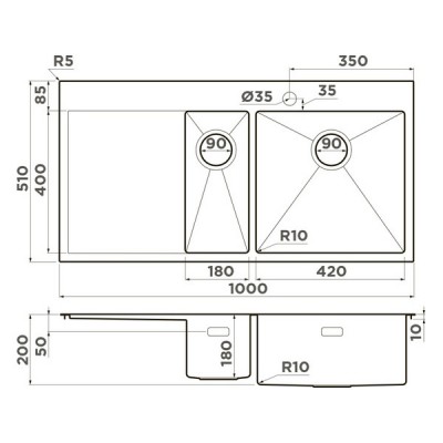 Мойка Omoikiri Akisame 100-2-R-GM нерж. сталь/вороненая сталь (4973104) Мойка Omoikiri Akisame 100-2-R-GM нерж. сталь/вороненая сталь (4973104)